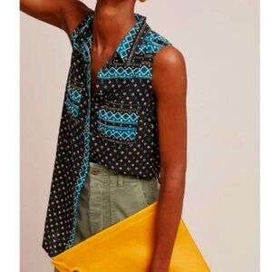 Anthropologie Akemi + Kin Navy Teal Blue Ira Printed Tunic Top Size Small